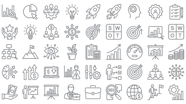 Business strategy and finance line icons on transparent background