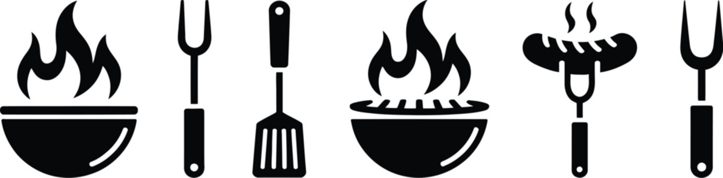 BBQ Grill Symbols with Barbecue Tools, Fire Flames, Outdoor Cooking and Picnic Food Preparation Vector