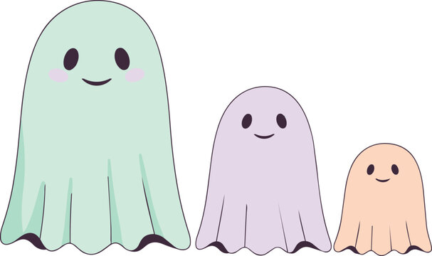 Cute pastel ghost family vector, friendly halloween spirits in mint purple and peach colors, set of three smiling spooky characters for kids