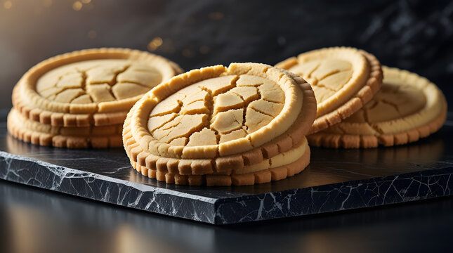 Round shortbread cookies with textured pattern close up