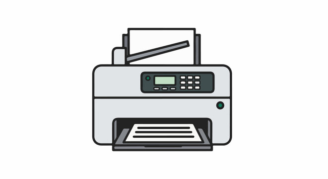 A simple illustration of a gray and black printer with a paper sheet on top and a printed page in the tray