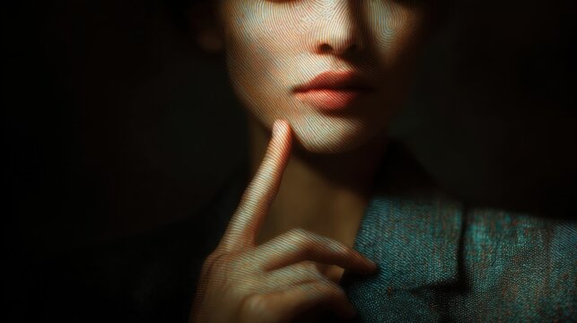 Woman posing with finger on chin in dark setting