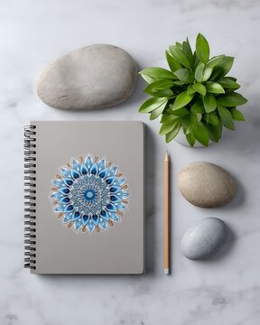 Madala coloring book spiral notebook with blue mandala illustration on cover, green plant and smooth stones on marble desk