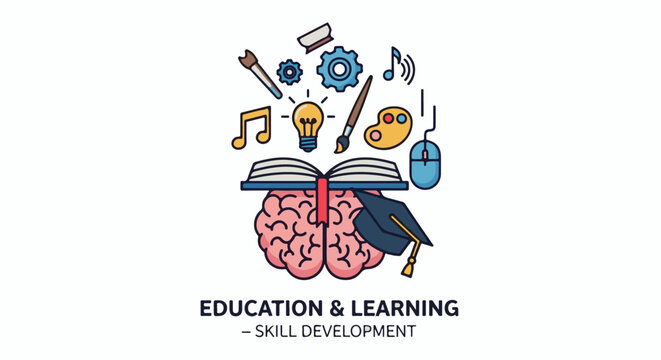 Abstract symbols of learning, creativity, and technology emanating from a brain icon