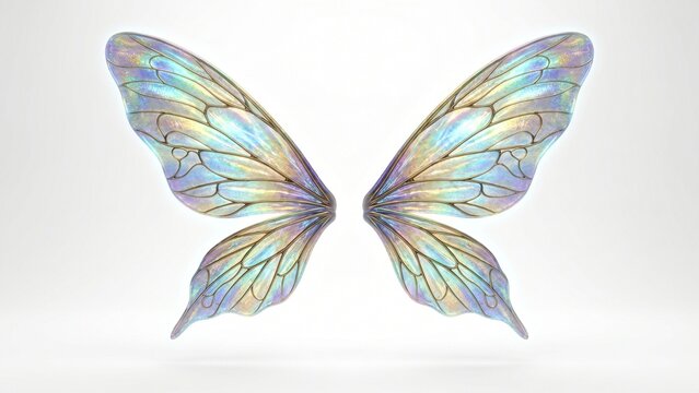 Elegant iridescent fairy wings with delicate translucent textures and magical shimmer, isolated on a clean white background for fantasy, storytelling, decoration, and creative design projects.