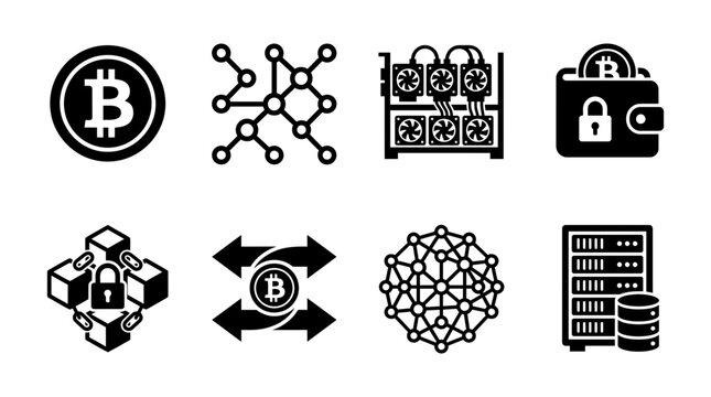 Cryptocurrency and blockchain technology icons set