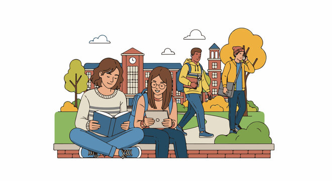 Students engage in learning and communication on a university campus with a large building and trees