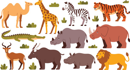 Fototapeta premium Flat cartoon illustration of diverse safari animals including lion, tiger, zebra, giraffe, rhino, camel