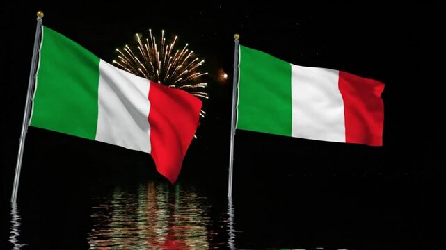 Two Italian Flags Waving with Fireworks Over Water at Night