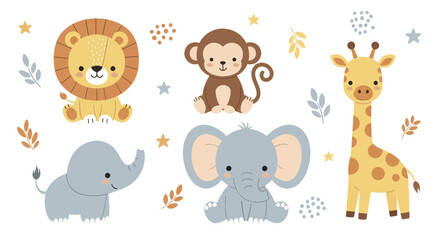 Cute cartoon jungle animals set lion monkey elephant giraffe. © Ndog