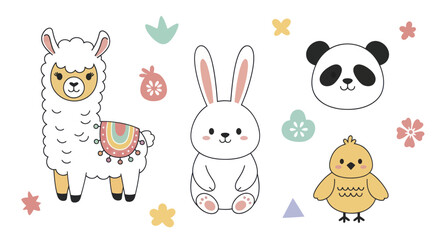 Cute cartoon llama bunny panda and chick illustration. © Ndog