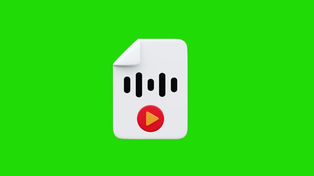 3d Audio file document animation. voice note animation playing on a green screen background