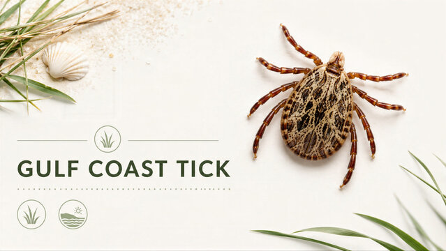 Gulf coast tick macro view on light background. Educational infographic about arachnid parasite biology. Medical warning sign of outdoor danger to health. Wildlife study scientific chart.