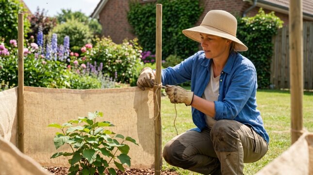 Gardener secures fabric screen beside newly planted shrub, showing summer sun protection, heat stress reduction and practical garden care.