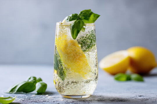 A flavorful cocktail with lemon and basil, perfect for warm days.