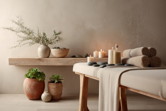 The image shows a spa interior with a massage table and relaxing elements.