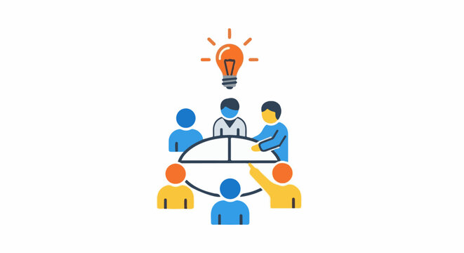 Diverse team collaborating around a table, brainstorming under a glowing idea bulb