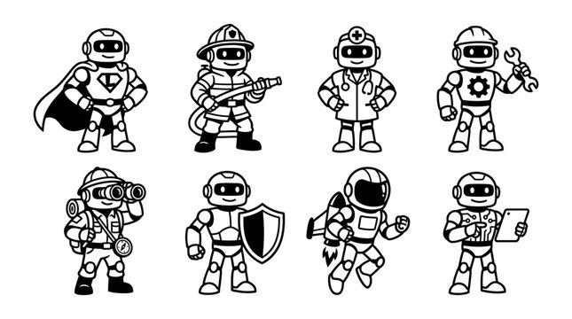 Set of cute robot characters in different professions