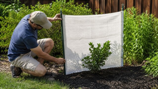 Gardener secures fabric screen beside newly planted shrub, showing summer sun protection, heat stress reduction and practical garden care.