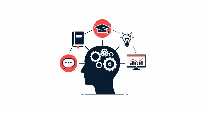 Stylized head with gears, book, graduation cap, lightbulb, chat bubble, and computer graph