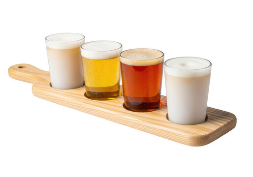 Four colorful glasses of juice on a wooden serving tray PNG isolated on transparent background