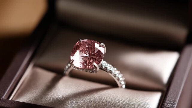 luxury engagement ring with pink diamond in a ring box animation