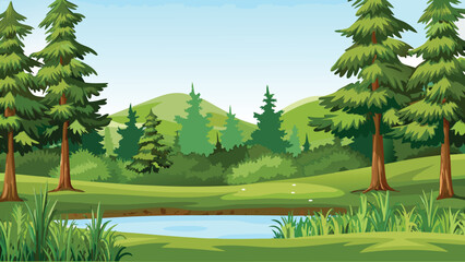 Lush forest landscape with green trees and a small pond © PUNNABEGUM