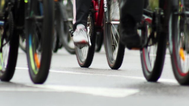 Low angle shot of many bicycle wheels and legs of riders moving forward on asphalt surface. Focus on lower part of moving bicycles with blurred background of activity. Race scenario outdoors.