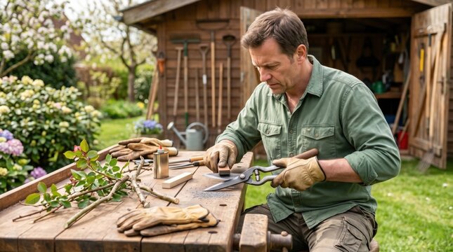 Gardener sharpens pruning shears on workbench, showing tool maintenance, seasonal preparation and practical care before garden pruning.