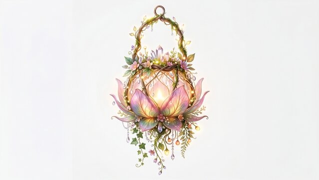 A magical flower-shaped lantern glowing with fairy tale charm, isolated on white for fantasy decorations, seasonal designs, storytelling visuals, and creative artwork.