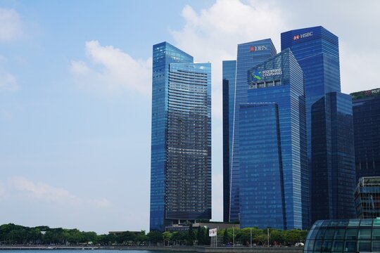 Singapore CBD financial towers at Marina Bay for National Day prosperity concept