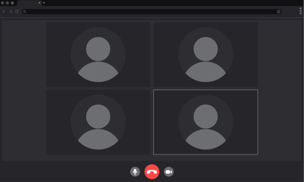 Video call interface mockup, laptop or computer screen layout, online conference template, abstract vector background with meeting control buttons, and participant profiles icons