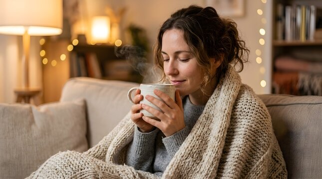 Cozy woman wrapped in a chunky blanket sipping a warm mug in softly lit living room.