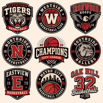 A collection of nine vintage-style basketball team logos and emblems featuring various mascots, city names, and athletic designs.