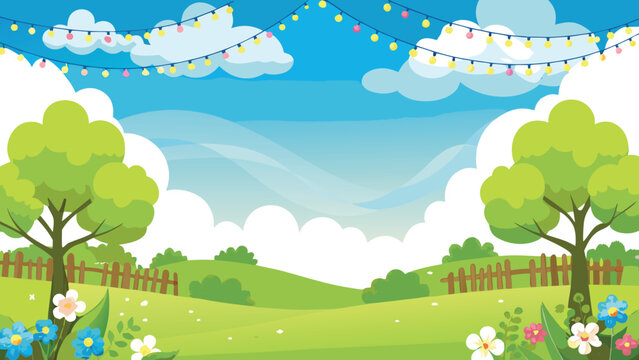 Garden scene with trees fence and string lights illustration