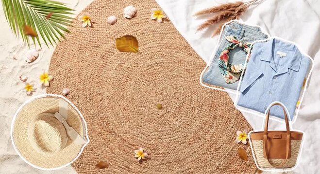 Summer beach flat lay with straw hat and casual clothes