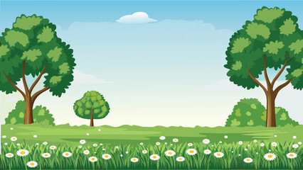 Garden scene with trees grass and daisies vector illustration © PUNNABEGUM