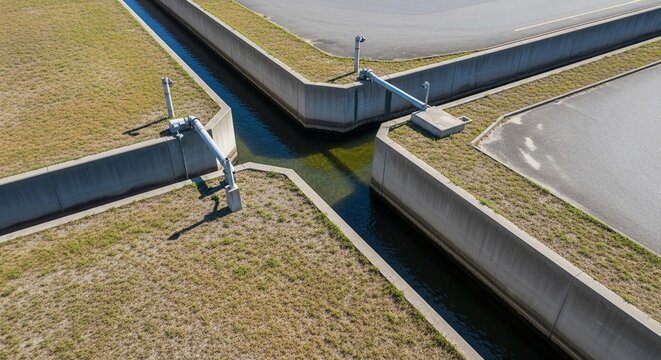 Aerial view of concrete irrigation channels and water flow systems showcasing agricultural infrastructure and supply management.
