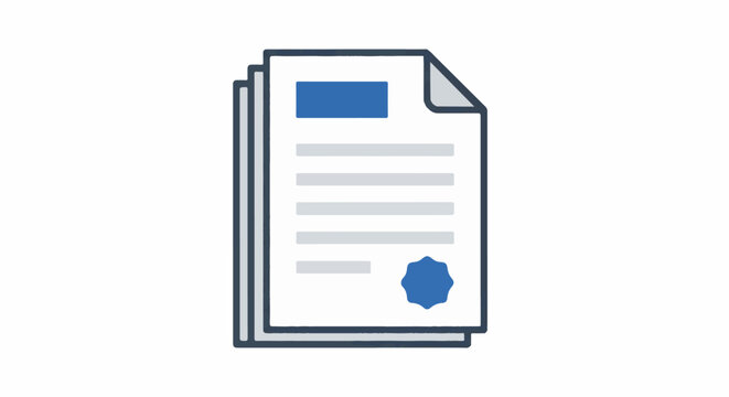 Stacked official documents with a blue header and seal