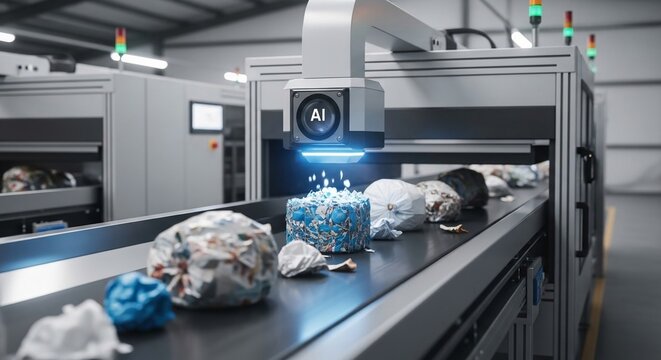 AI vision system analyzing waste on a conveyor belt in a modern recycling facility