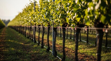 Fototapeta premium Automated Drip Irrigation System Watering Rows of Lush Grapevines in a Sun-Drenched Vineyard