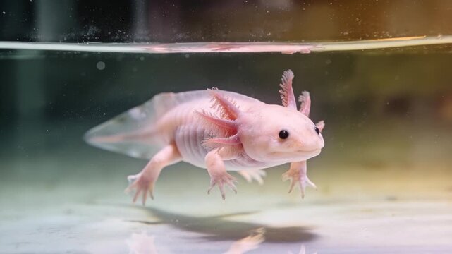 Pink axolotl, a neotenic salamander, swimming underwater with its reflection on the water surface