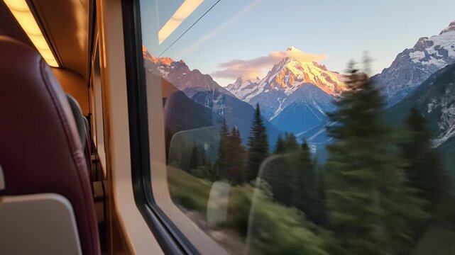 Snow mountain pine tree train window sunset light landscape travel scenic outdoor alpine reflection journey passenger seat evening sky cloud wilderness forest valley cozy cabin atmosphere nature