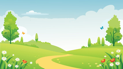 Scenic garden landscape with trees flowers and a winding path © PUNNABEGUM