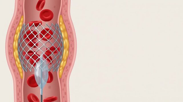 Medical Animation of Angioplasty Balloon Expanding Stent in Clogged Artery to Restore Blood Flow