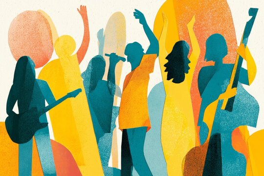 Vibrant abstract illustration of people dancing at a lively music festival or concert party
