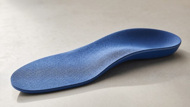 A custom blue orthotic insole resting on a neutral surface, highlighting its arch.