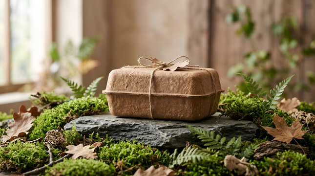 Gift box wrapped with twine on moss-covered stone in natural light rustic setting