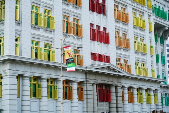 Colorful windows of MICA Building representing multicultural unity for Singapore National Day