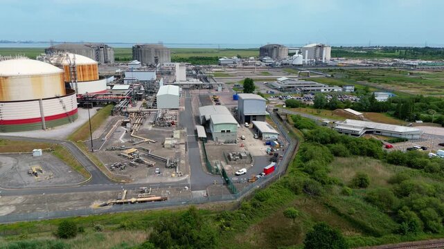 Aerial view of massive LNG import terminal and industrial site on the Isle of Grain